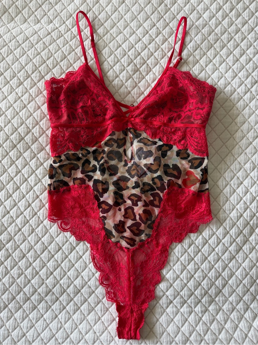 Victoria’s Secret Very Sexy Leopard Print & Red Lace Bodysuit Small